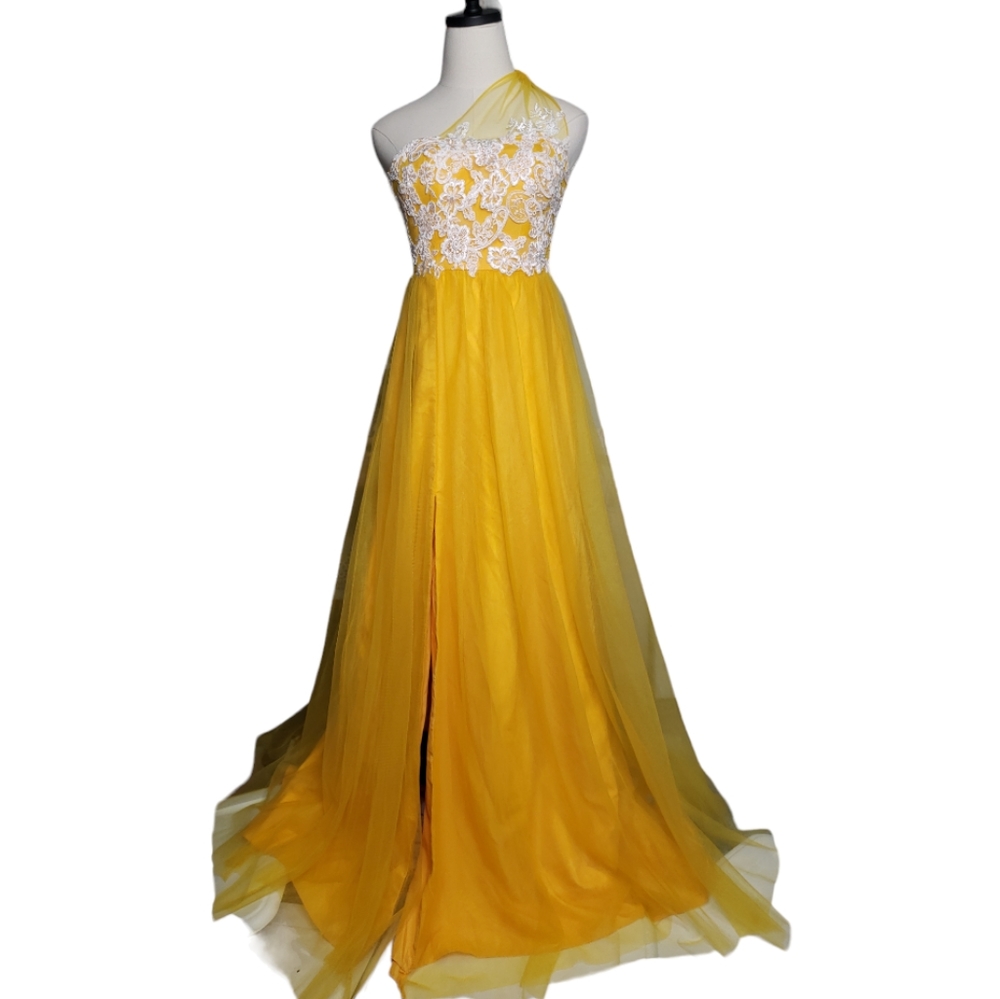 Azazie Ball Gown XS Golden Saffron Fantasy Fairy Tulle Lace One Shoulder Prom - Picture 9 of 17